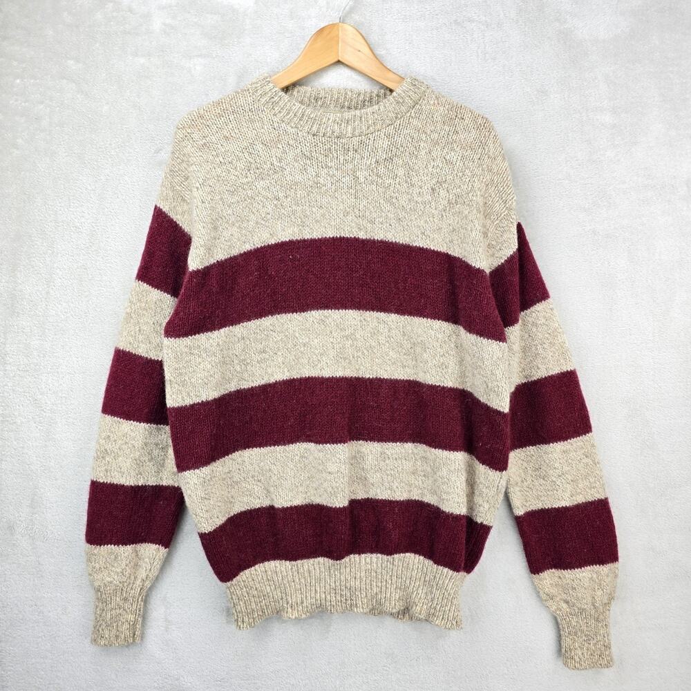 Vintage L.L. Bean Wool Knit Sweater Large Beige Burgundy 80s USA Stripe Cottage